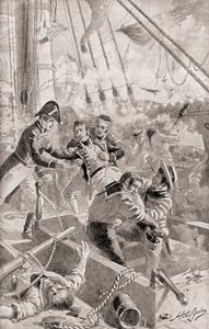 Kapitan James Lawrence wypowiada swoje ostatnie słowa lub umierający rozkaz, Nie poddawaj statku!, z Historii naszego kraju, opublikowanej w 1905 r.